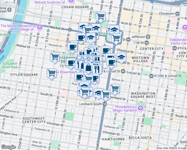 map of restaurants, bars, coffee shops, grocery stores, and more near 1523 Spruce Street in Philadelphia