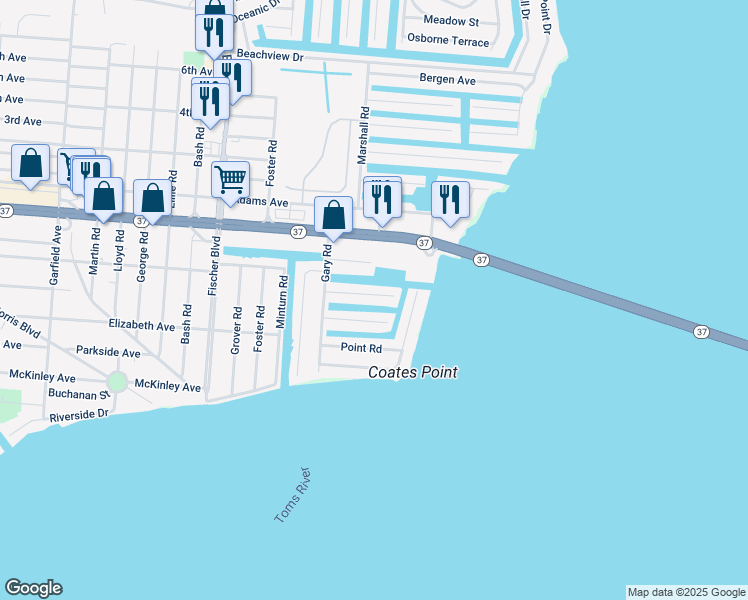 map of restaurants, bars, coffee shops, grocery stores, and more near 18 Cruiser Court in Toms River