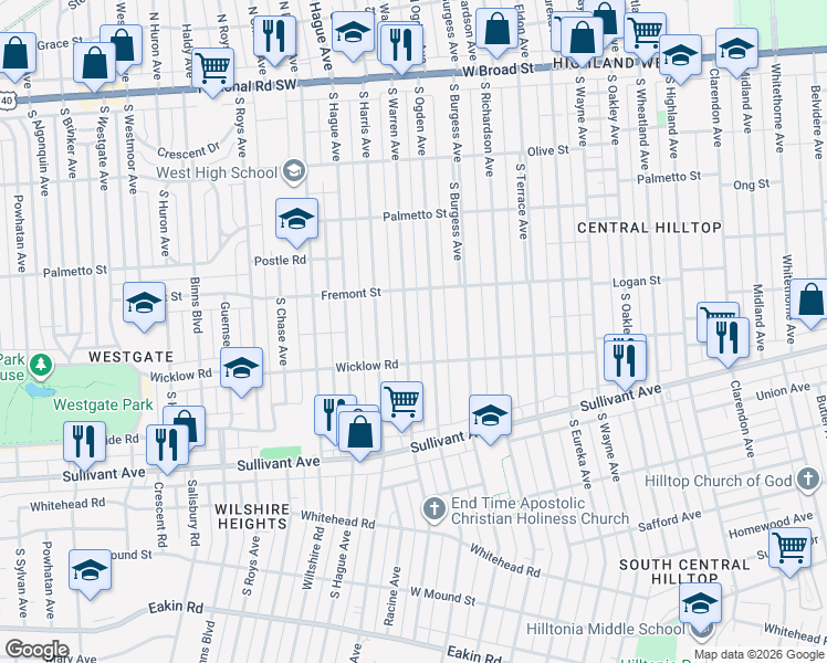 map of restaurants, bars, coffee shops, grocery stores, and more near 337 South Warren Avenue in Columbus