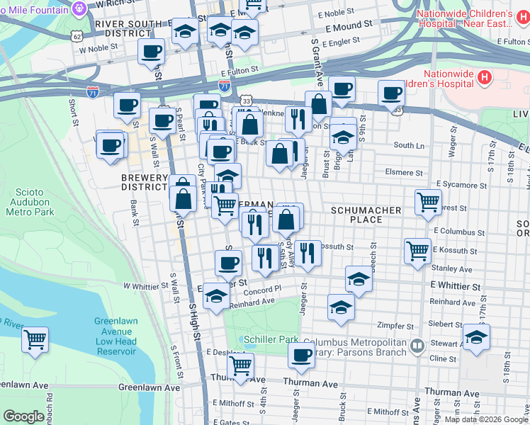 map of restaurants, bars, coffee shops, grocery stores, and more near 725 South 5th Street in Columbus