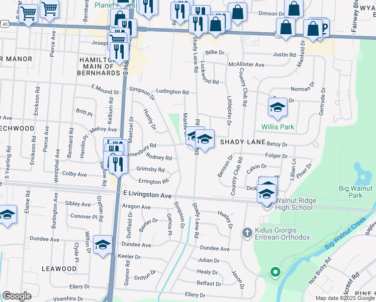 map of restaurants, bars, coffee shops, grocery stores, and more near 1367 Marble Drive in Columbus