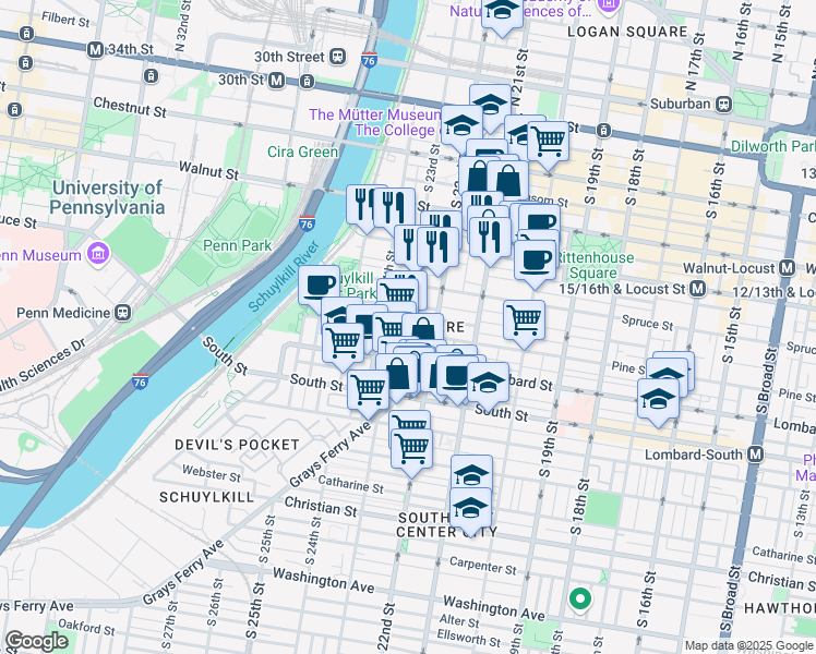 map of restaurants, bars, coffee shops, grocery stores, and more near 2227 Pine Street in Philadelphia