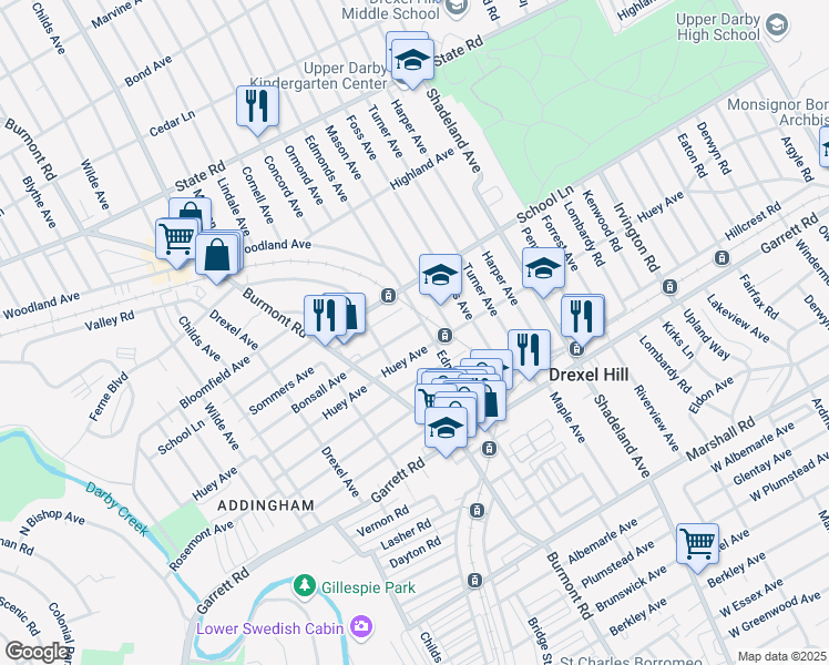 map of restaurants, bars, coffee shops, grocery stores, and more near 3708 Bonsall Avenue in Upper Darby