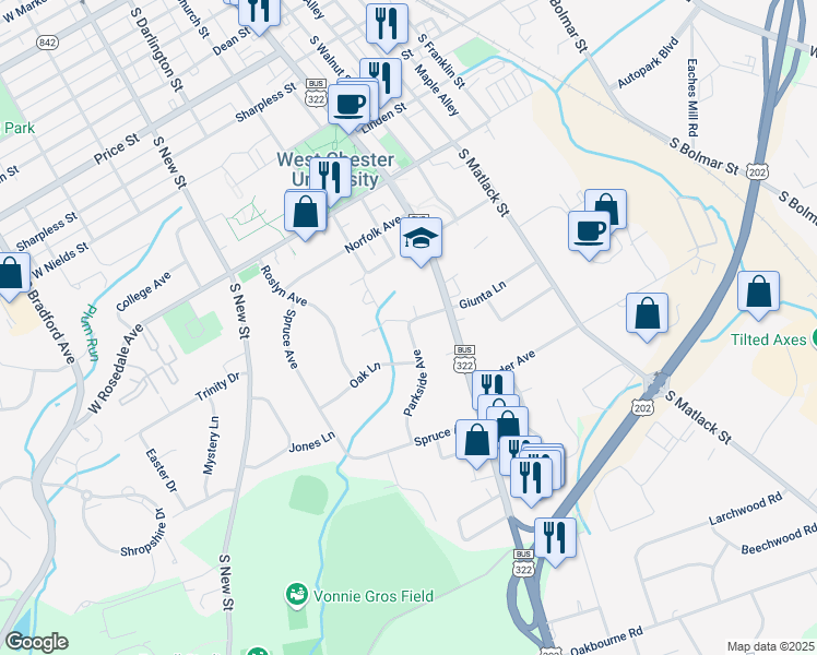 map of restaurants, bars, coffee shops, grocery stores, and more near 814 Parkside Avenue in West Chester