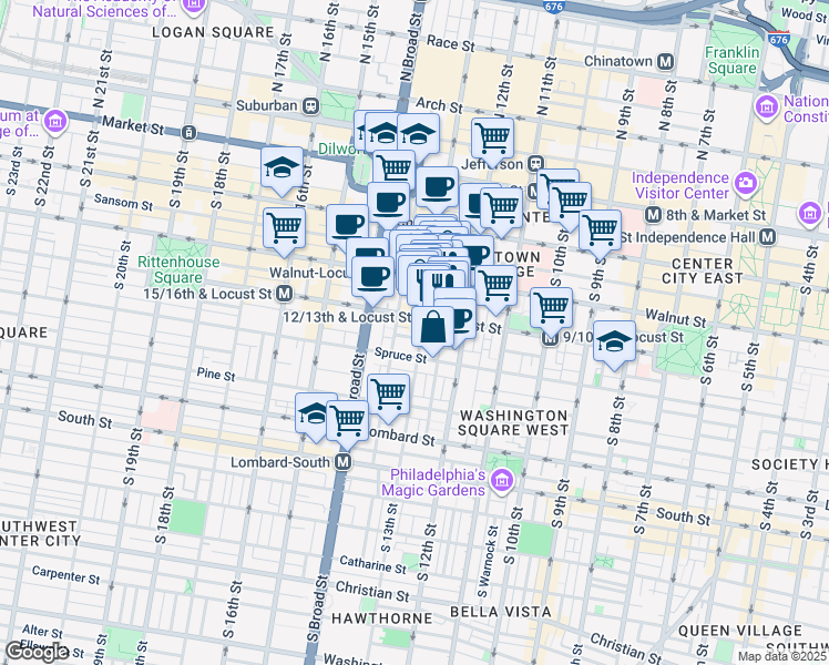 map of restaurants, bars, coffee shops, grocery stores, and more near 238 South 13th Street in Philadelphia