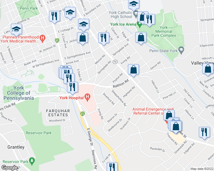map of restaurants, bars, coffee shops, grocery stores, and more near 131 Peyton Road in York