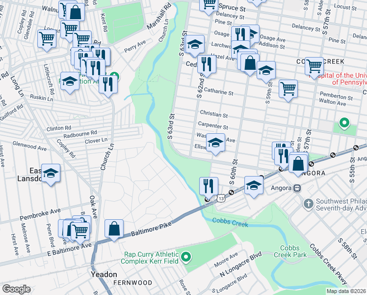 map of restaurants, bars, coffee shops, grocery stores, and more near 6212 Ellsworth Street in Philadelphia