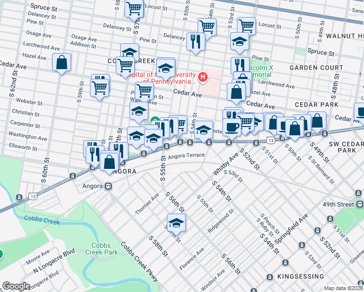 map of restaurants, bars, coffee shops, grocery stores, and more near 5417 Baltimore Avenue in Philadelphia
