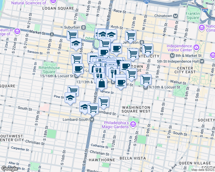 map of restaurants, bars, coffee shops, grocery stores, and more near 1324 Locust Street in Philadelphia