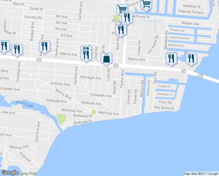 map of restaurants, bars, coffee shops, grocery stores, and more near 119 Lillie Road in Toms River