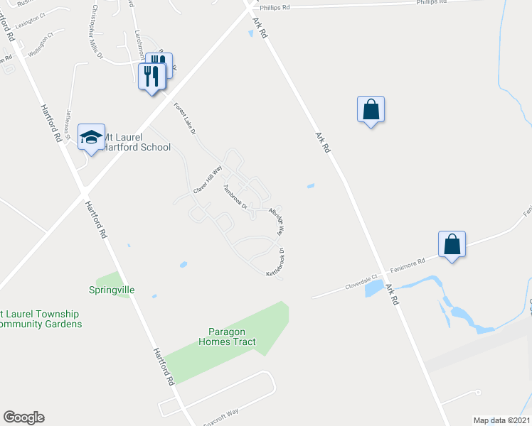 map of restaurants, bars, coffee shops, grocery stores, and more near 5501A Albridge Way in Mount Laurel