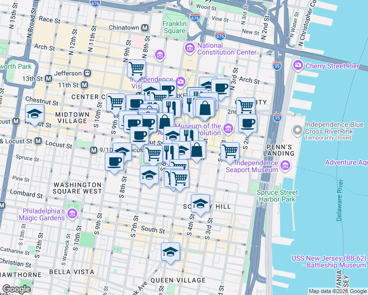 map of restaurants, bars, coffee shops, grocery stores, and more near 501-549 Walnut Street in Philadelphia