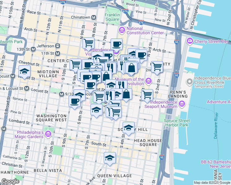 map of restaurants, bars, coffee shops, grocery stores, and more near 501-549 Walnut Street in Philadelphia