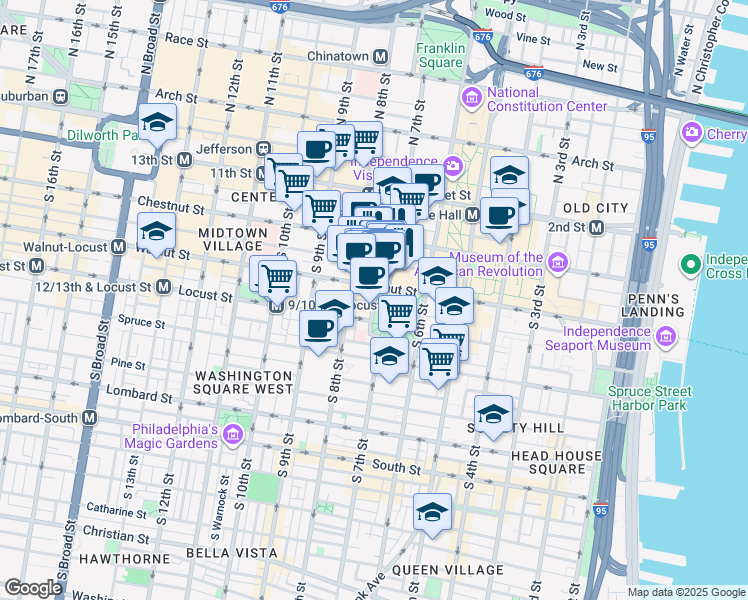 map of restaurants, bars, coffee shops, grocery stores, and more near 709 Walnut Street in Philadelphia