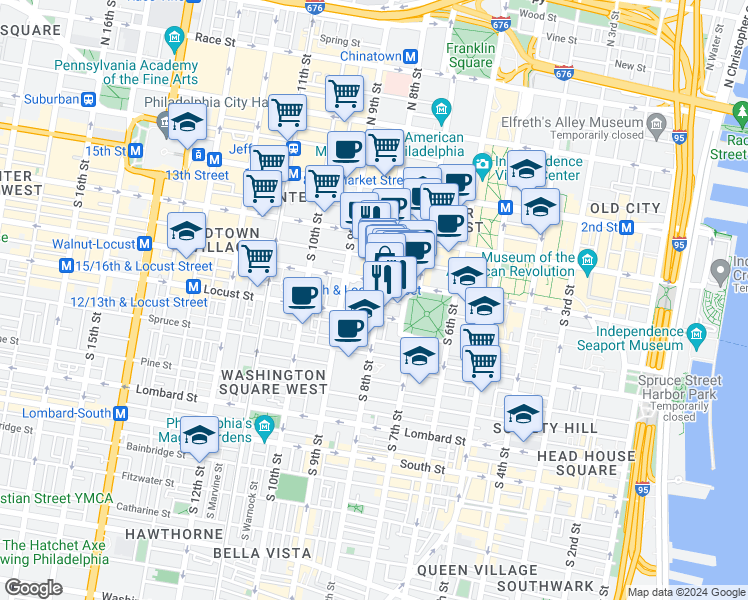 map of restaurants, bars, coffee shops, grocery stores, and more near 122 South 8th Street in Philadelphia