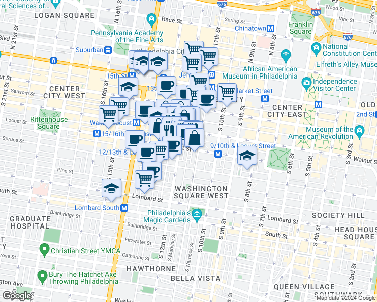 map of restaurants, bars, coffee shops, grocery stores, and more near 1111 Locust Street in Philadelphia