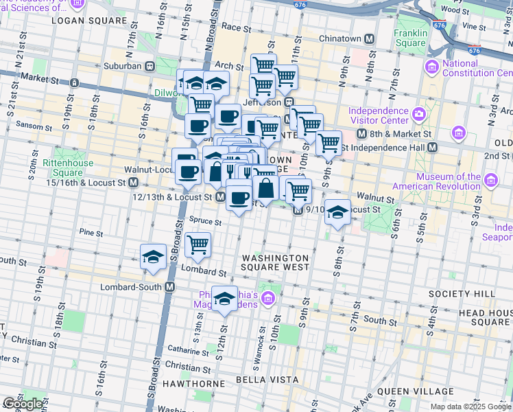 map of restaurants, bars, coffee shops, grocery stores, and more near 1111 Locust Street in Philadelphia