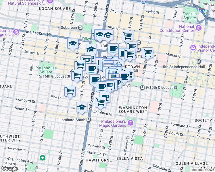 map of restaurants, bars, coffee shops, grocery stores, and more near 1301 Locust Street in Philadelphia