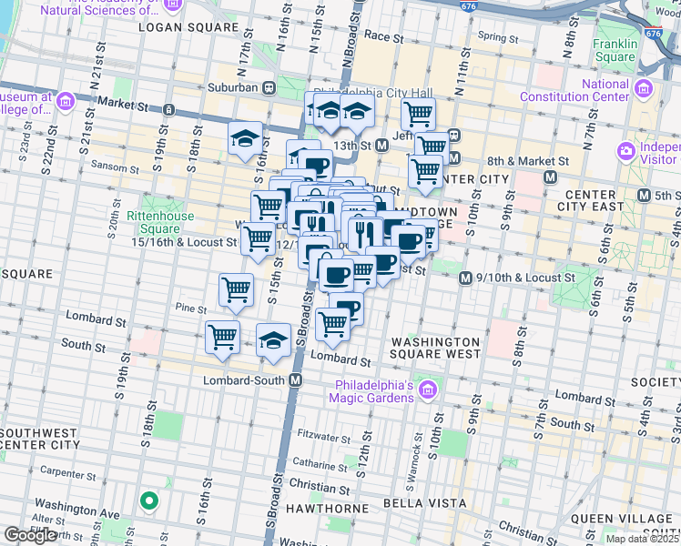 map of restaurants, bars, coffee shops, grocery stores, and more near 1324 Locust Street in Philadelphia