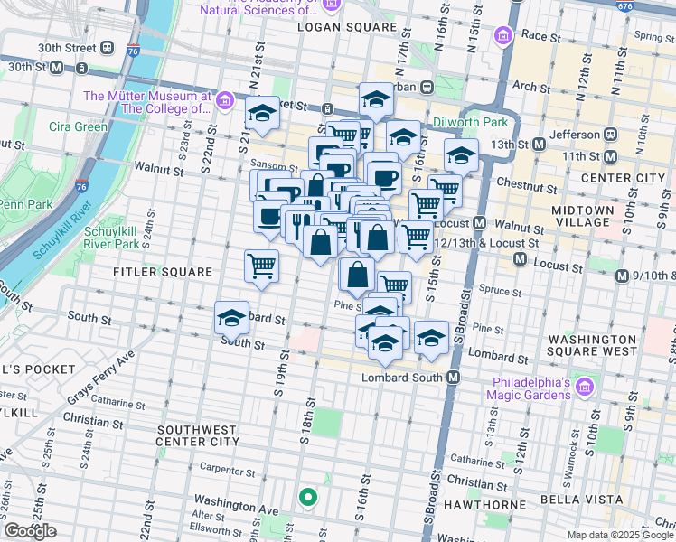 map of restaurants, bars, coffee shops, grocery stores, and more near 237 South 18th Street in Philadelphia
