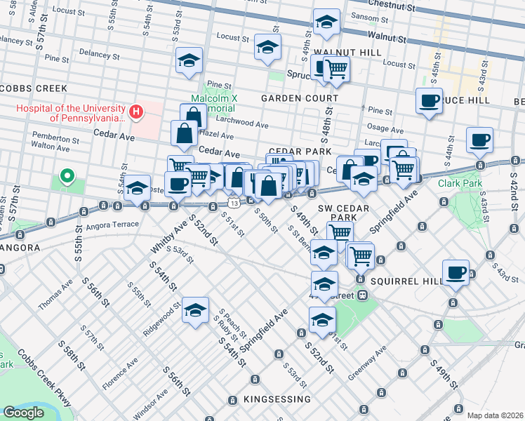 map of restaurants, bars, coffee shops, grocery stores, and more near 4916 Baltimore Avenue in Philadelphia
