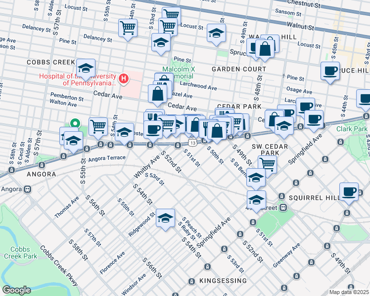 map of restaurants, bars, coffee shops, grocery stores, and more near 5047 Baltimore Avenue in Philadelphia