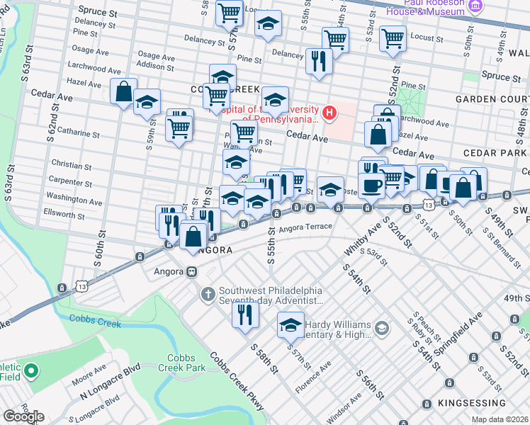 map of restaurants, bars, coffee shops, grocery stores, and more near 801-817 South 55th Street in Philadelphia