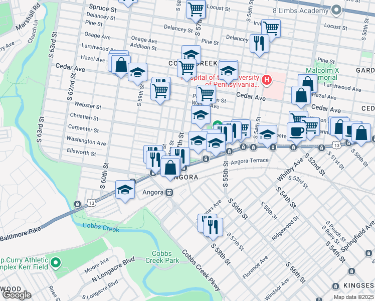 map of restaurants, bars, coffee shops, grocery stores, and more near 5650 Montrose Street in Philadelphia
