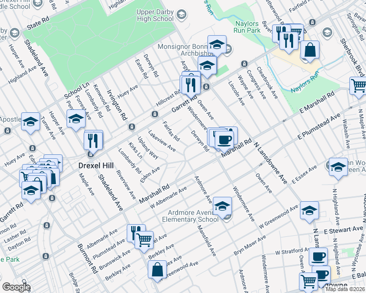 map of restaurants, bars, coffee shops, grocery stores, and more near 361 Fairfax Road in Drexel Hill