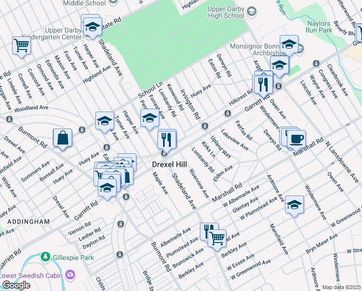 map of restaurants, bars, coffee shops, grocery stores, and more near 429 Forrest Avenue in Drexel Hill
