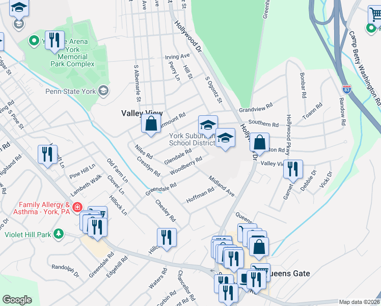map of restaurants, bars, coffee shops, grocery stores, and more near 831 Glendale Road in York