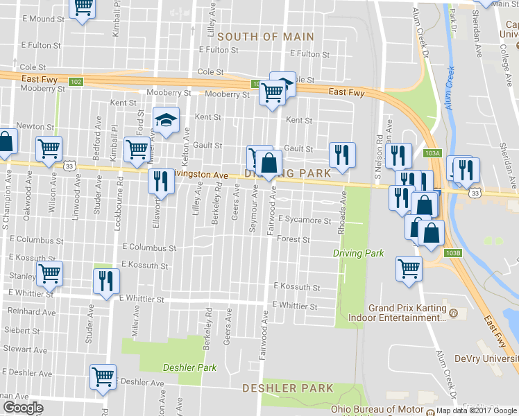 map of restaurants, bars, coffee shops, grocery stores, and more near 926 Seymour Avenue in Columbus