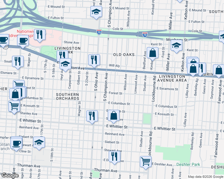 map of restaurants, bars, coffee shops, grocery stores, and more near 1047 East Sycamore Street in Columbus