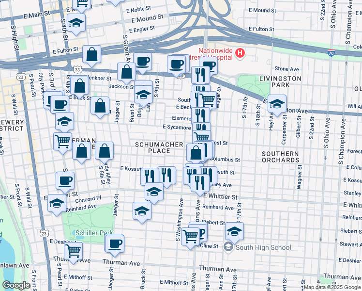 map of restaurants, bars, coffee shops, grocery stores, and more near 484-498 Forest Street in Columbus