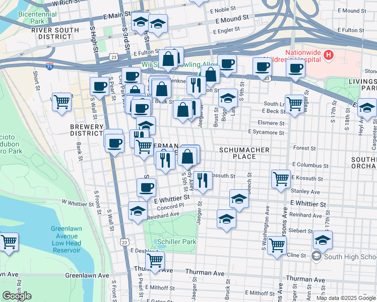map of restaurants, bars, coffee shops, grocery stores, and more near 730 South 6th Street in Columbus