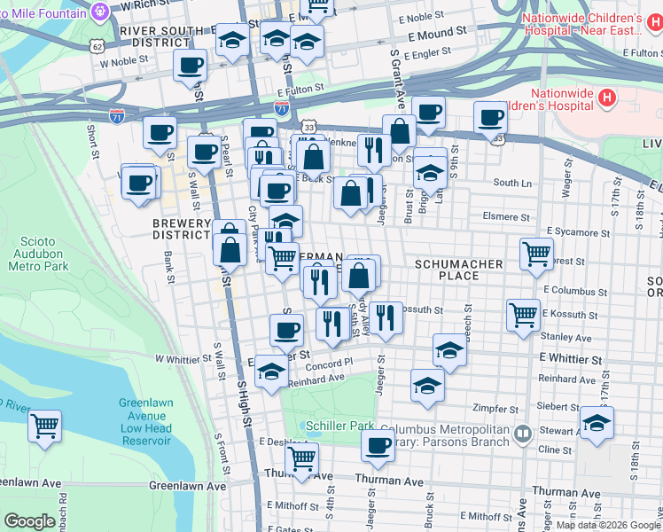 map of restaurants, bars, coffee shops, grocery stores, and more near 725 South 5th Street in Columbus