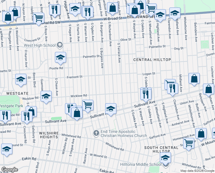 map of restaurants, bars, coffee shops, grocery stores, and more near 346 South Burgess Avenue in Columbus
