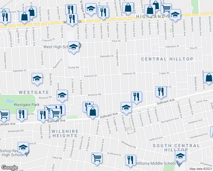 map of restaurants, bars, coffee shops, grocery stores, and more near 337 South Warren Avenue in Columbus