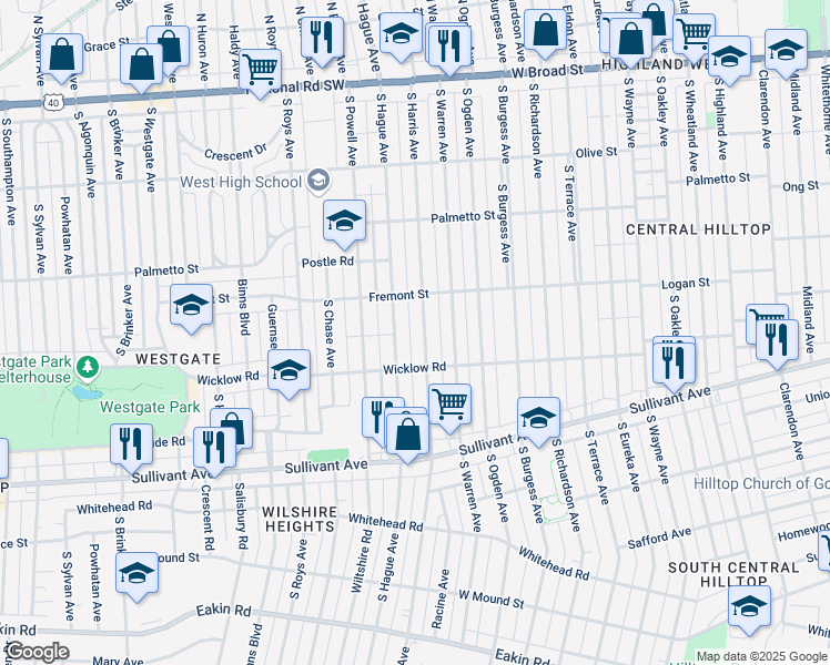 map of restaurants, bars, coffee shops, grocery stores, and more near 336 South Hague Avenue in Columbus