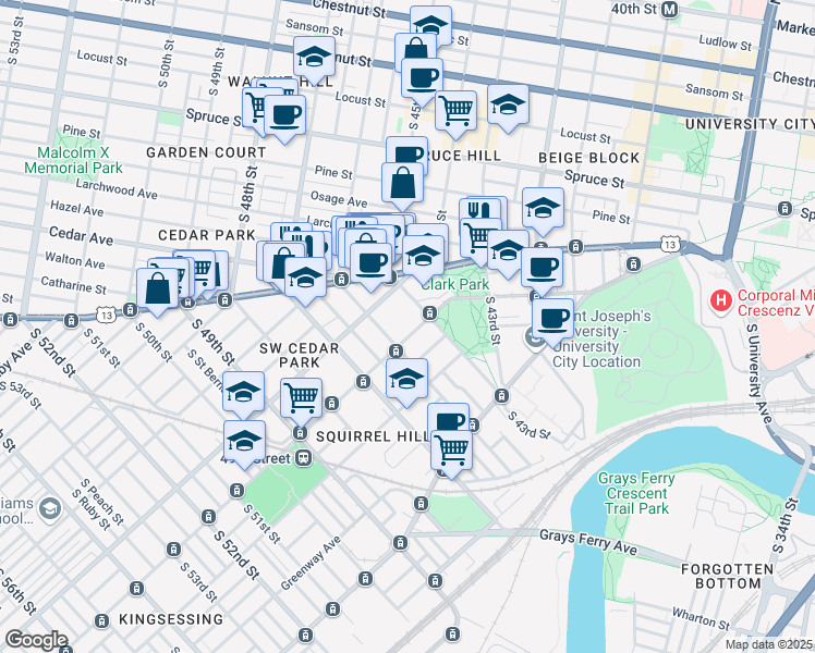map of restaurants, bars, coffee shops, grocery stores, and more near 4517 Chester Avenue in Philadelphia