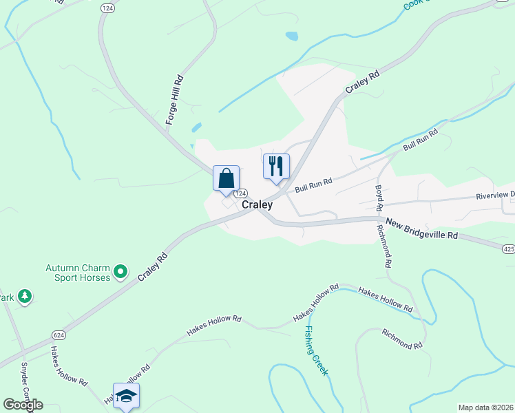 map of restaurants, bars, coffee shops, grocery stores, and more near in Craley