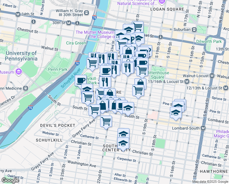 map of restaurants, bars, coffee shops, grocery stores, and more near in Philadelphia