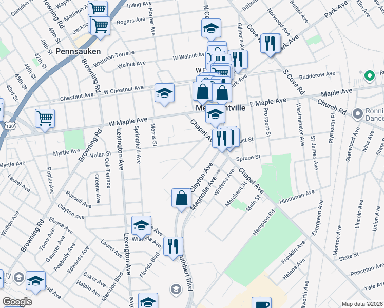 map of restaurants, bars, coffee shops, grocery stores, and more near 24 Volan Street in Merchantville