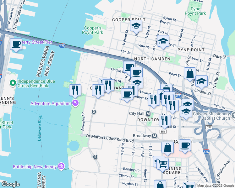 map of restaurants, bars, coffee shops, grocery stores, and more near 8 North Front Street in Camden