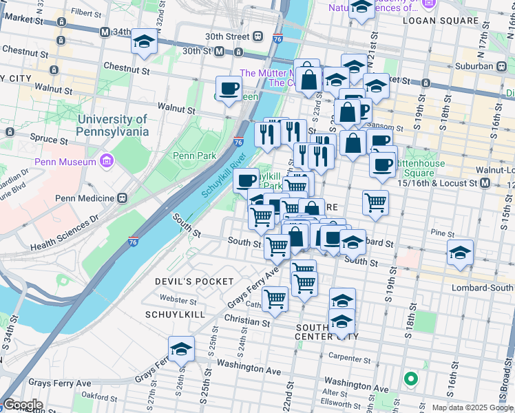 map of restaurants, bars, coffee shops, grocery stores, and more near 2514 Pine Street in Philadelphia