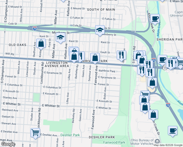 map of restaurants, bars, coffee shops, grocery stores, and more near 926 Seymour Avenue in Columbus