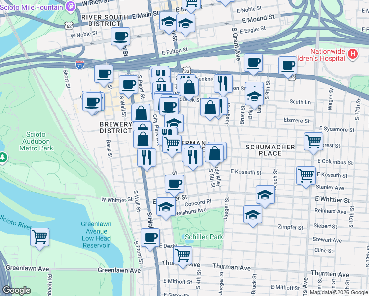 map of restaurants, bars, coffee shops, grocery stores, and more near 137 E Frankfort St in Columbus
