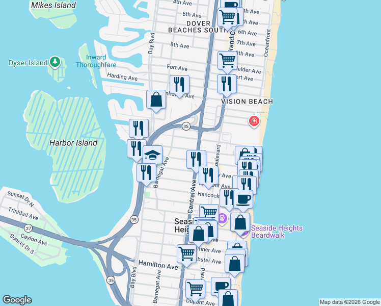 map of restaurants, bars, coffee shops, grocery stores, and more near 1501-1515 West Central Avenue in Seaside Heights