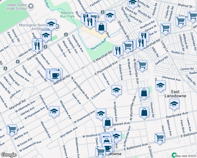 map of restaurants, bars, coffee shops, grocery stores, and more near 250 North Highland Avenue in Lansdowne