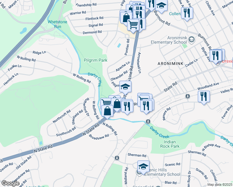 map of restaurants, bars, coffee shops, grocery stores, and more near 5215 Bella Vista Road in Drexel Hill